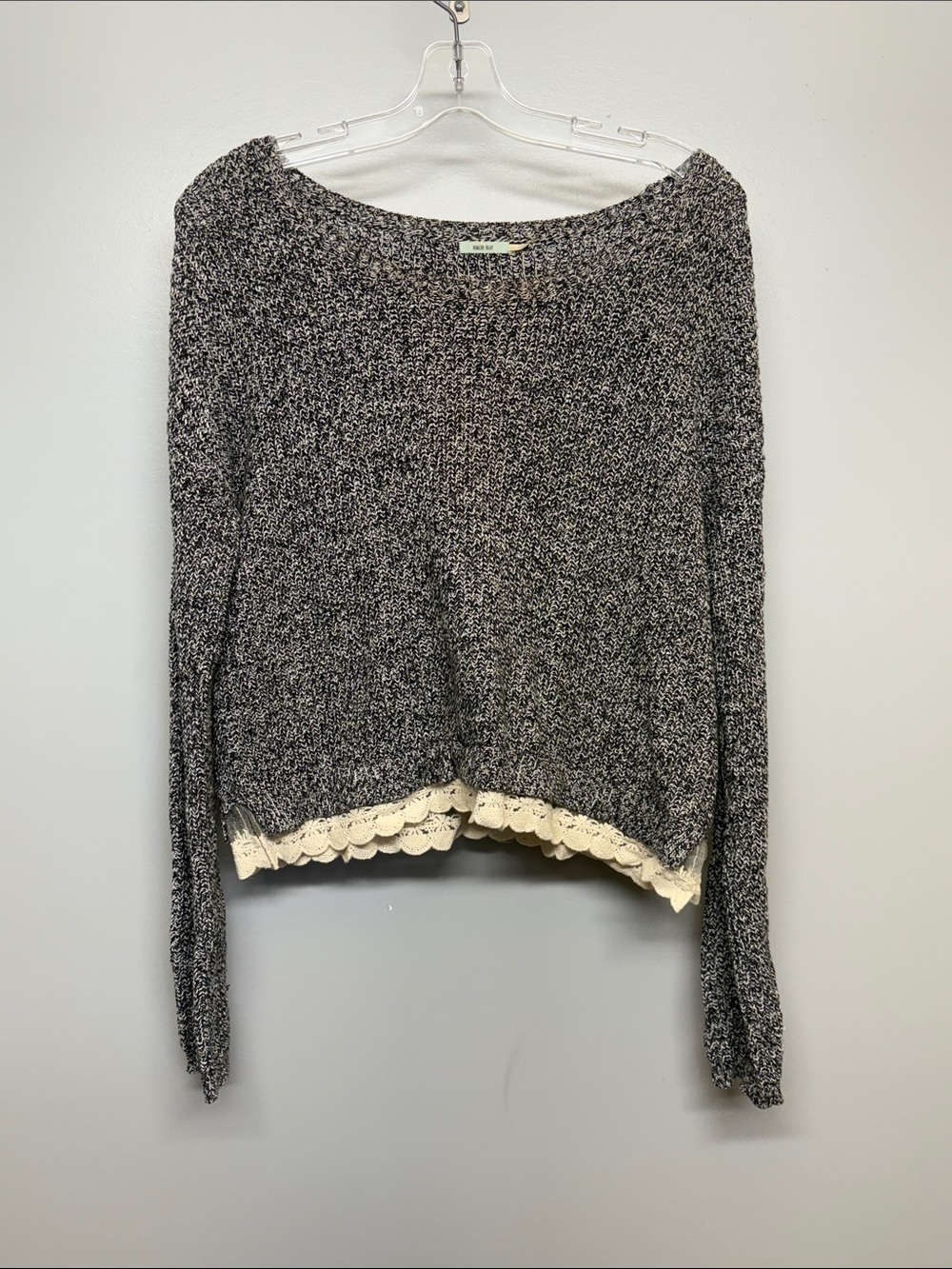 Kimchi Blue Black & White Marled Oversized Crewneck Sweater with Cream Lace Hem